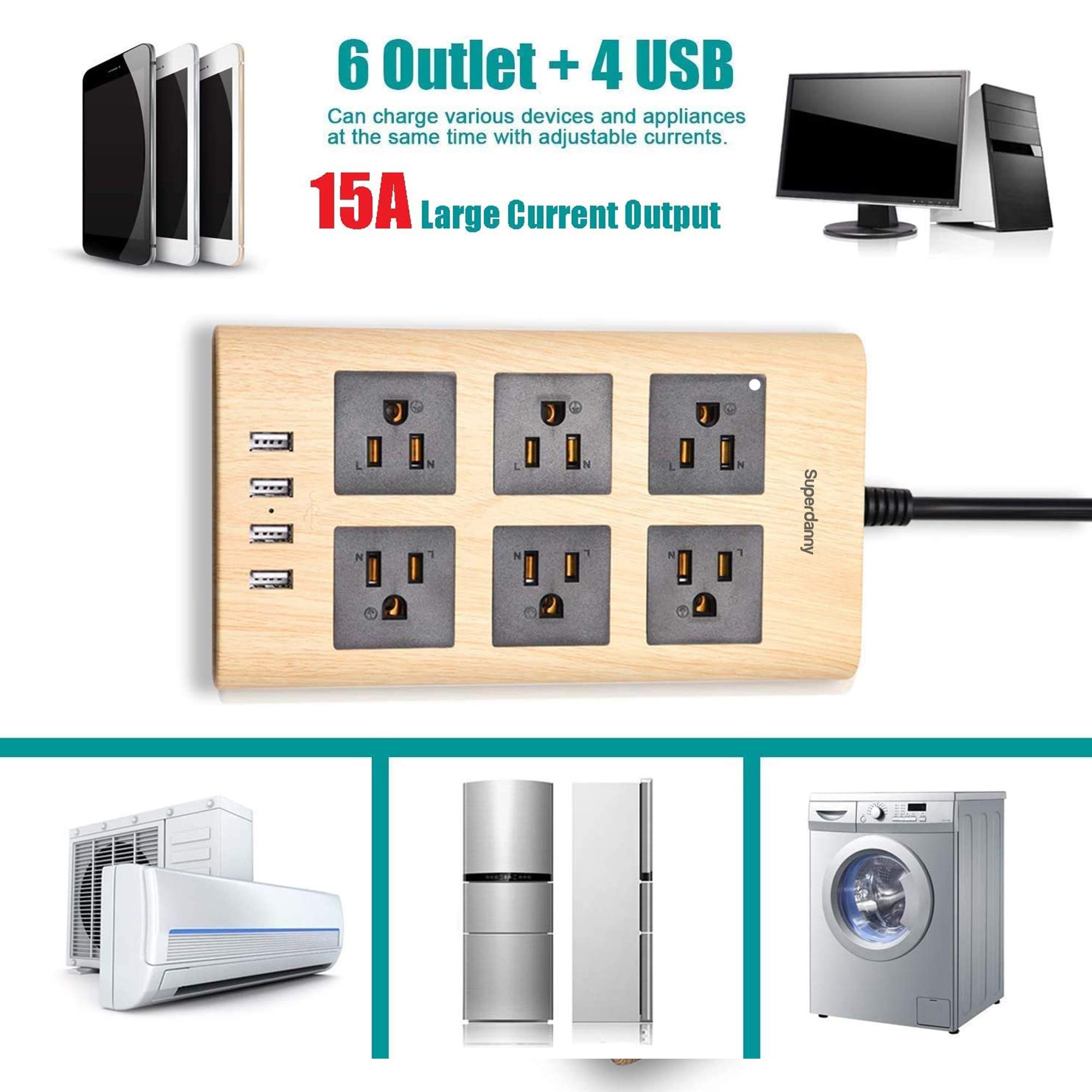 Power Strip Surge Protector, SUPERDANNY 10Ft Heavy Duty Extension Cord with 6 Outlets and 4 USB Ports(1875W/15A), Flat Plug, Universal Voltage 110-240V for Home Office Dorm, Light Wood Grain
