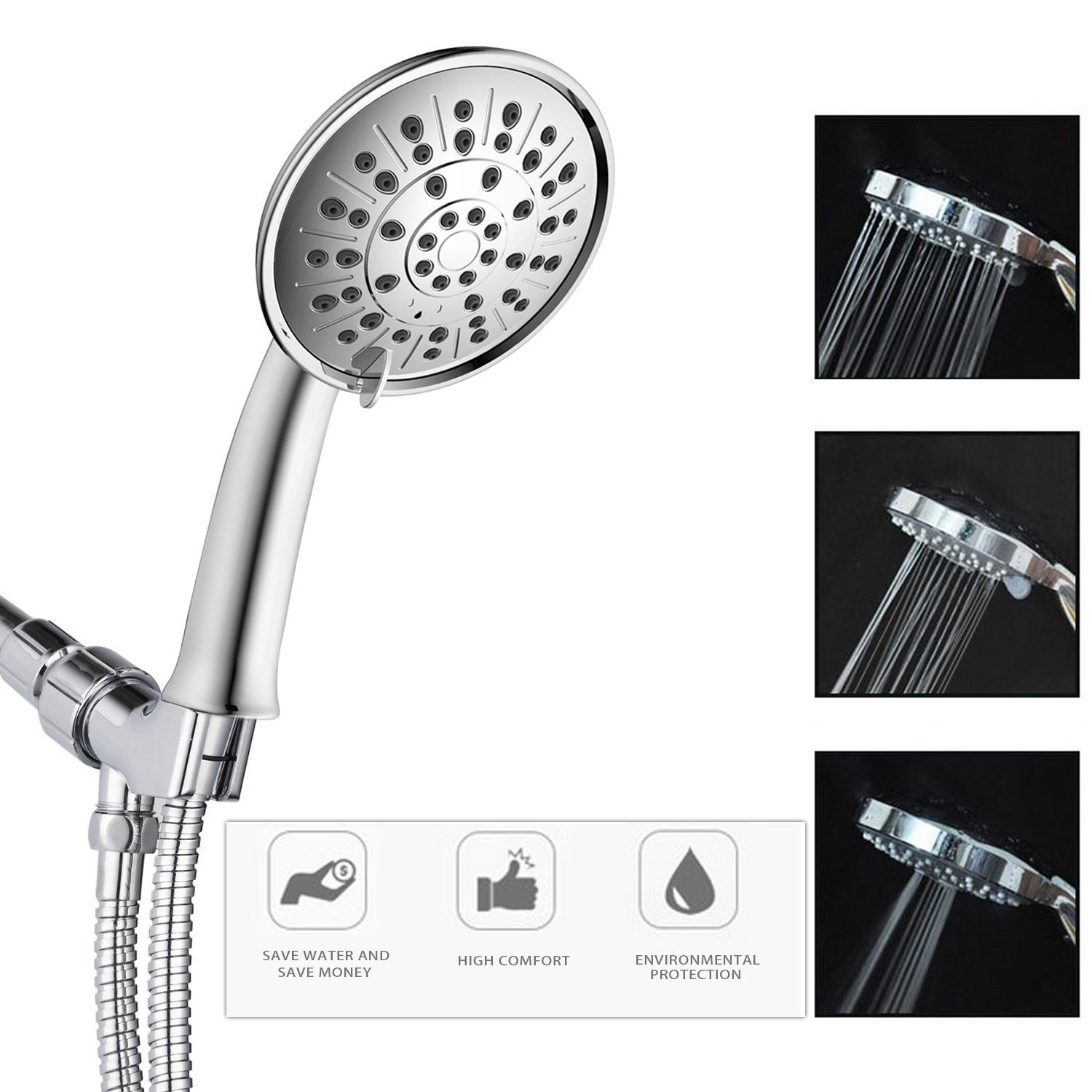 Elvoes High Pressure shower head set 3 spray settings 5” handheld showerhead with hose and bracket holder, adjustable mount,chrome finish, easy to install