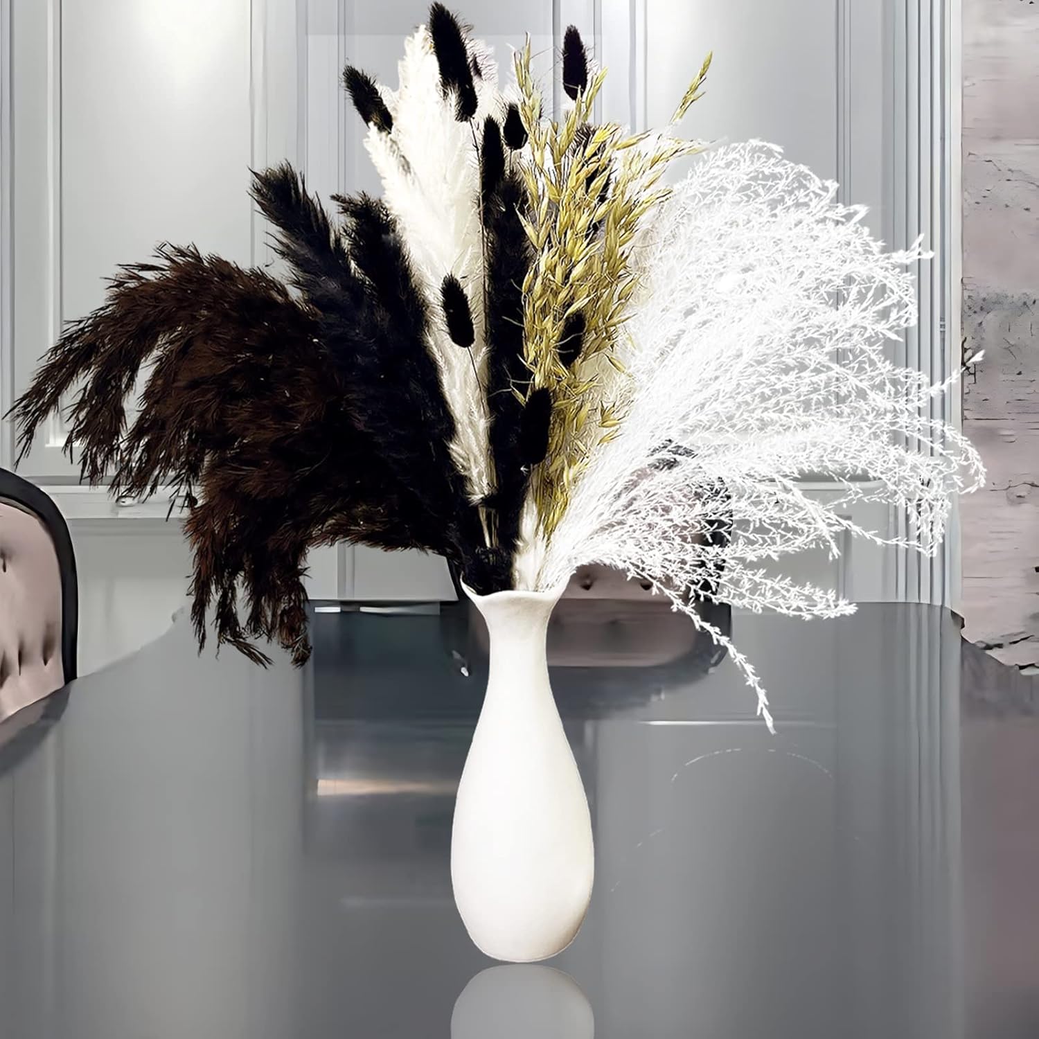 Dried & Preserved Flora - Natural Dried Pampas Grass Bouquet Decor White and Black 17.7in Dried Flowers Bouquet Pampas Grass Bunny Tail Vase Filler for Boho Pompous Grass Table Home Decor