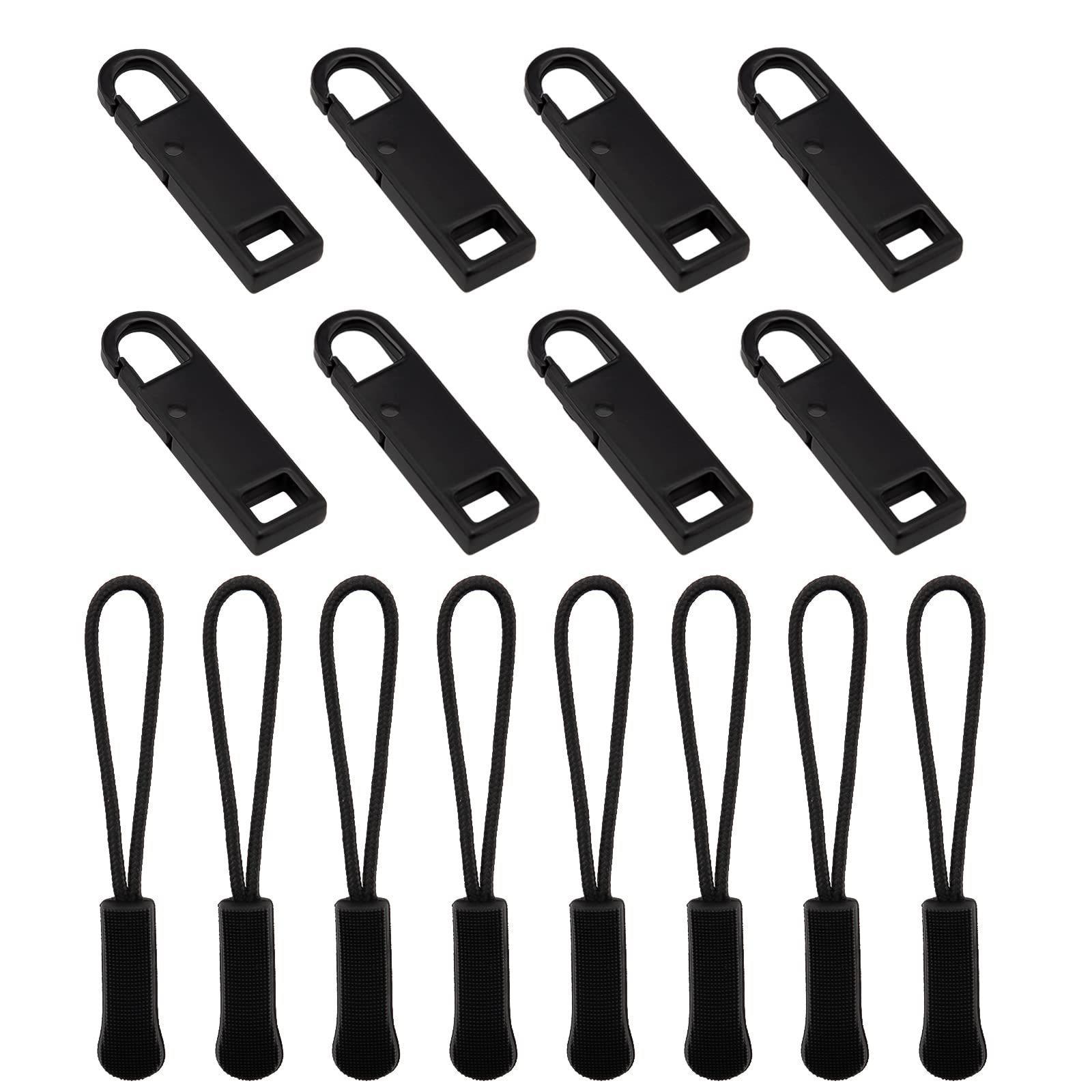 Savita 16-Piece Zipper Accessory Kit - 8 Pull Tags & 8 Black Cord Extensions for Jackets, Backpacks & Handbags (Black)