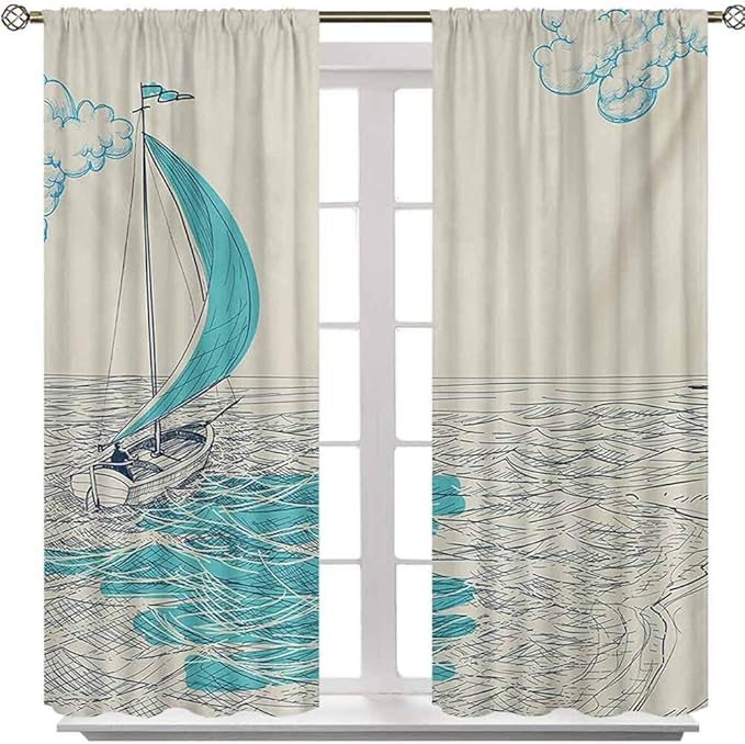 Curtains, Sailing Boat Reflection Cloudy Sky Sandy Seaside