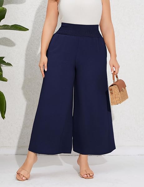 SHOPWONDER PLUS SIZE CASUAL PANTS FOR WOMEN ELASTIC HIGH WAIST TROUSERS WIDE LEG COMFY LOUNGE BOHO SUMMER PANTS WITH POCKETS NAVY BLUE XL