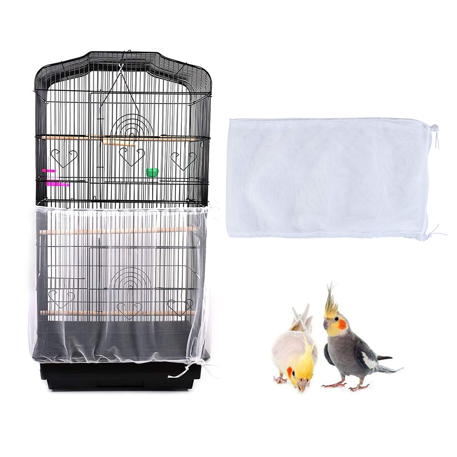 TSHAOUN Universal Birdcage Cover Seed Catcher Nylon Mesh Parrot Cage Skirt, Tidy Bird Cage Mesh Net Cover Skirt Guard, Ventilate Dustproof (L, White)