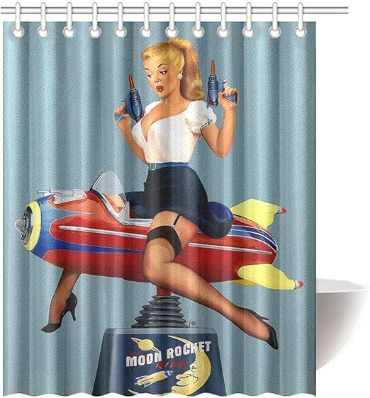 Amazon Com Joocar Bathroom Decor Shower Curtain Funny Child Style Playground Pin Up Girl On A Toy Rocket Home Curtain Sets With Hooks Polyester Fabric Great Gift Home Kitchen