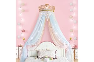 LIANGQIANJIN Bed Canopy for Girls, a Princess Bed Canopy with Lights Featuring an Elegant Metal Crown, enhances The Charm of Your Child's Bedroom, Serving as Both Mosquito Netting and a Romantic Tent