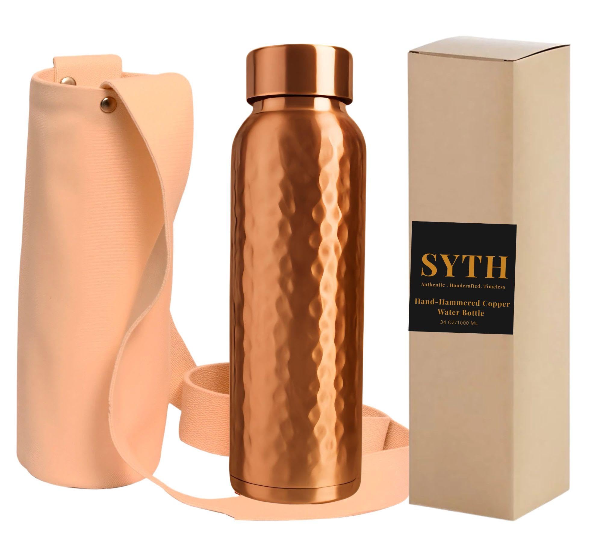 Photo 1 of SYTH 100% Pure Copper Water Bottle With Canvas Bag|34 OZ Leakproof, Handcrafted Ayurvedic Copper Vessel for Health & Detox, BPA-Free, Yoga, Gym, Office, Travel (Hand-Hammerd with canvas bag)