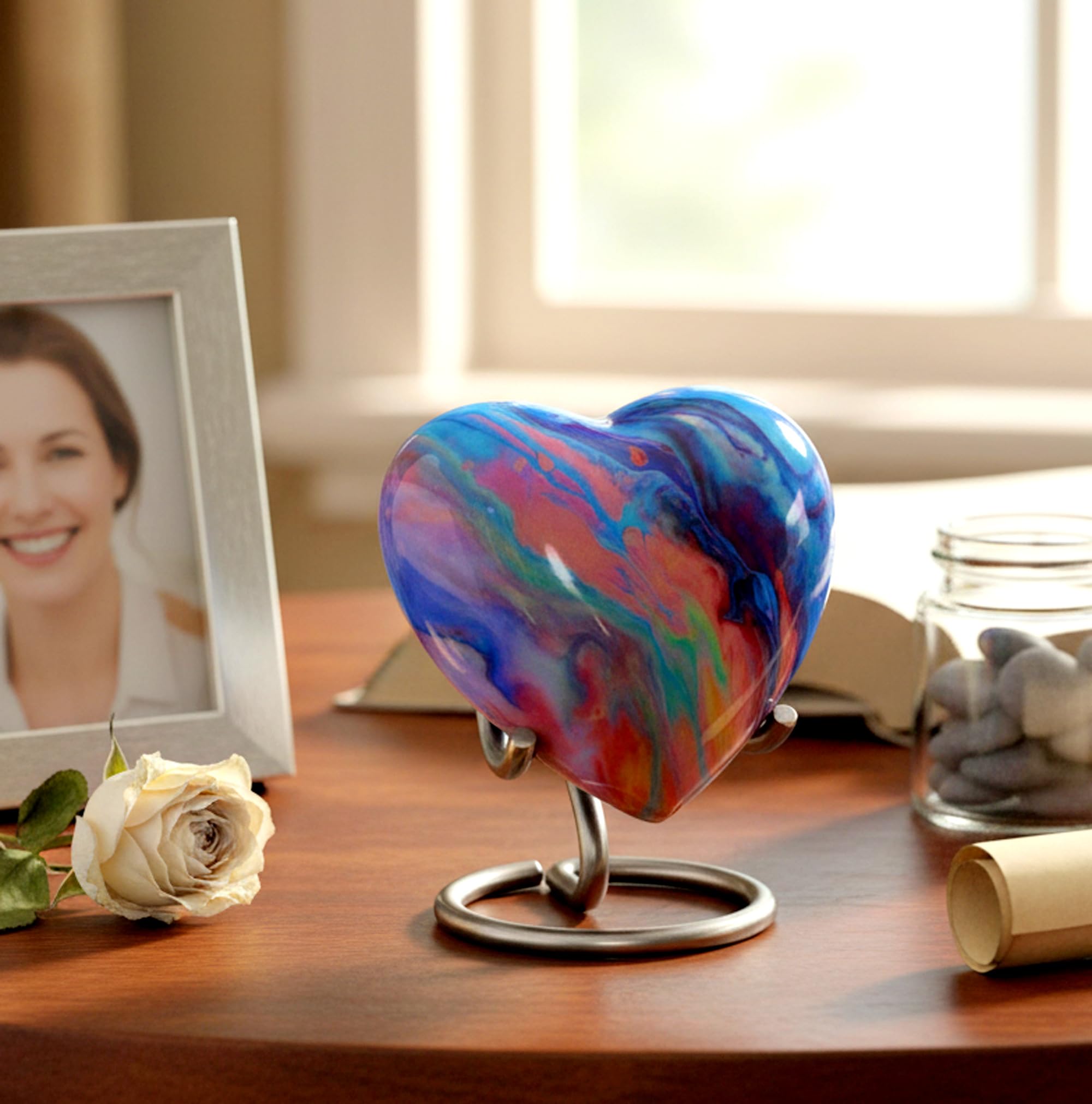 eSplanade Metal Mini Cremation Urn Heart-Shaped Keepsake Memorial Jar Pot Container | Small Urn for Funeral Ashes Burial | Wave Textured Metal Keepsake with Stand | Multicolor - 2.75" Inches