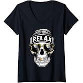 Womens Skull with Beanie and Sunglasses – Funny Chill Skeleton Vibe V-Neck T-Shirt