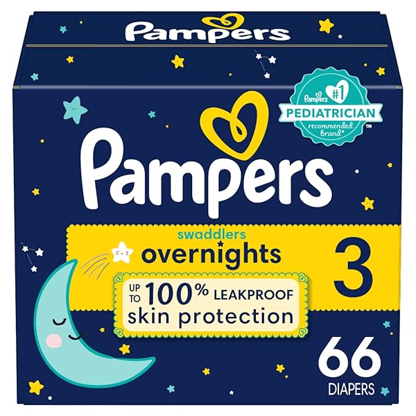 PAMPERS OVERNIGHT DIAPERS – SWADDLERS OVERNIGHTS – SIZE 3, 66 COUNT, DISPOSABLE BABY DIAPER, NIGHT TIME LEAK AND SKIN PROTECTION
