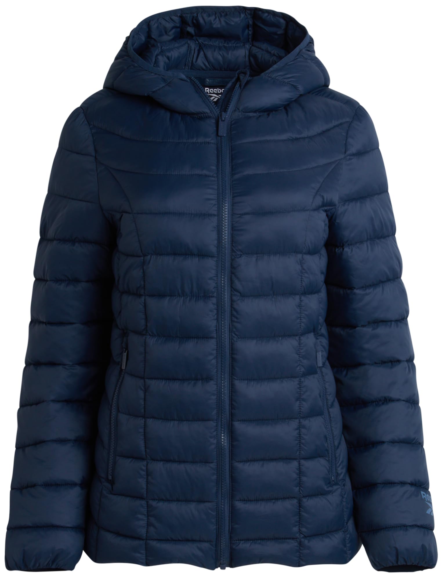 Photo 1 of Reebok Womens Puffer Jacket - Lightweight Quilted Snow Glacier Shield Zip Up Bubble Winter Coat for Women with Hood & Pockets, Size Medium, Navy