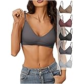 OYOANGLE Women's 5 Pieces Rib Knit Spaghetti Strap V Neck Wireless Bra Set Seamless Solid Plain No Padded Bralette