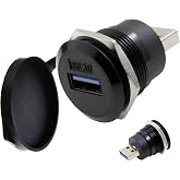 YiKaiEn USB3.0 Male to Female Panel Mount Adapter, Threaded Socket, 5Gbps | Dust cover included with threaded round socket and nut fixing for 5Gbps data transfer and charging black