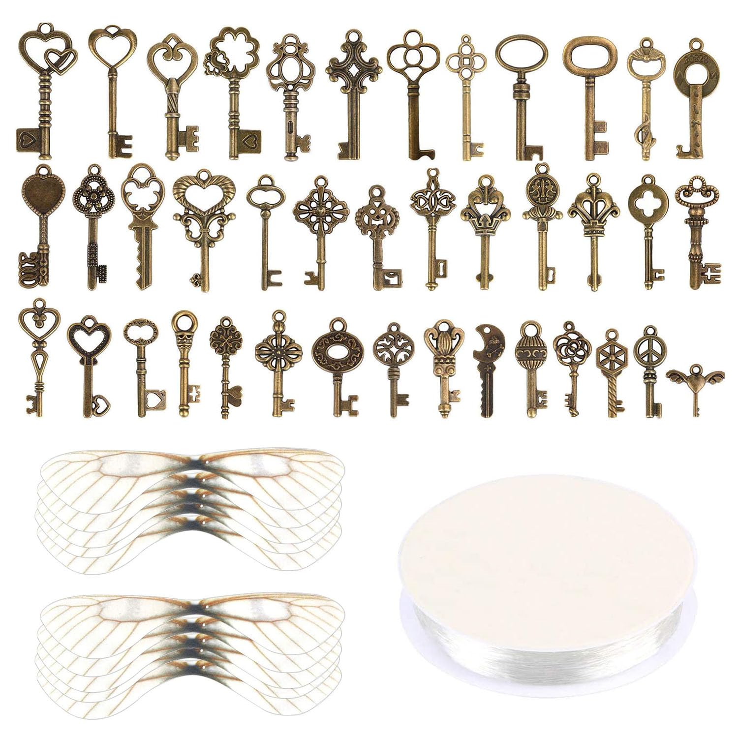 GVSAVY 40pcs vintage keychains, 40 pairs dragonfly wings with 30yards crystal cord, flying key decorations, suitable for crafts, keychain, party theme decoration, bronze