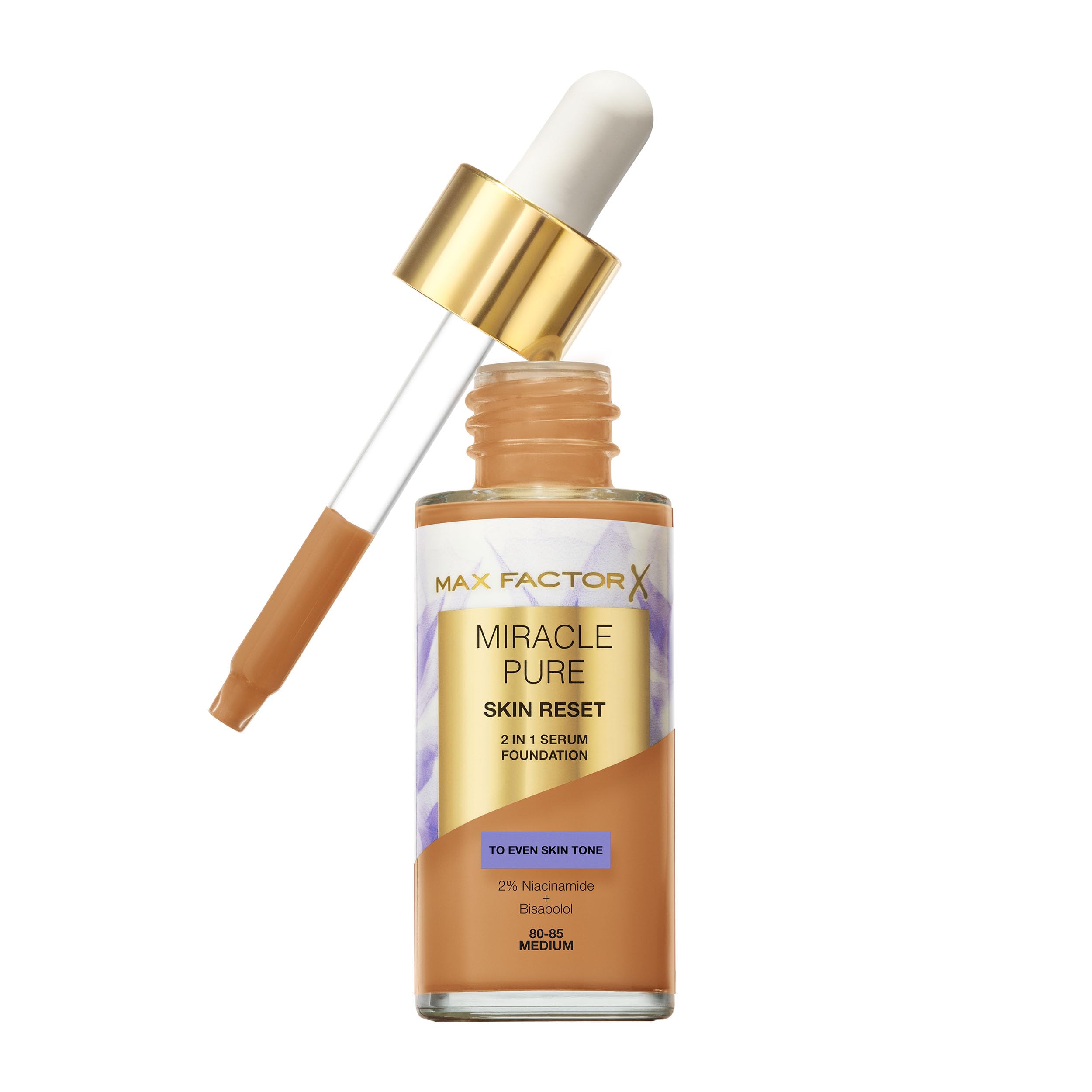 Max Factor Miracle Pure Skin Reset Serum Foundation 80-85 Medium, 2-in-1 Serum Formula, Healthy Looking Skin, Medium Coverage, Satin Matte Finish, 2% Niacinamide, Dermatologically Tested