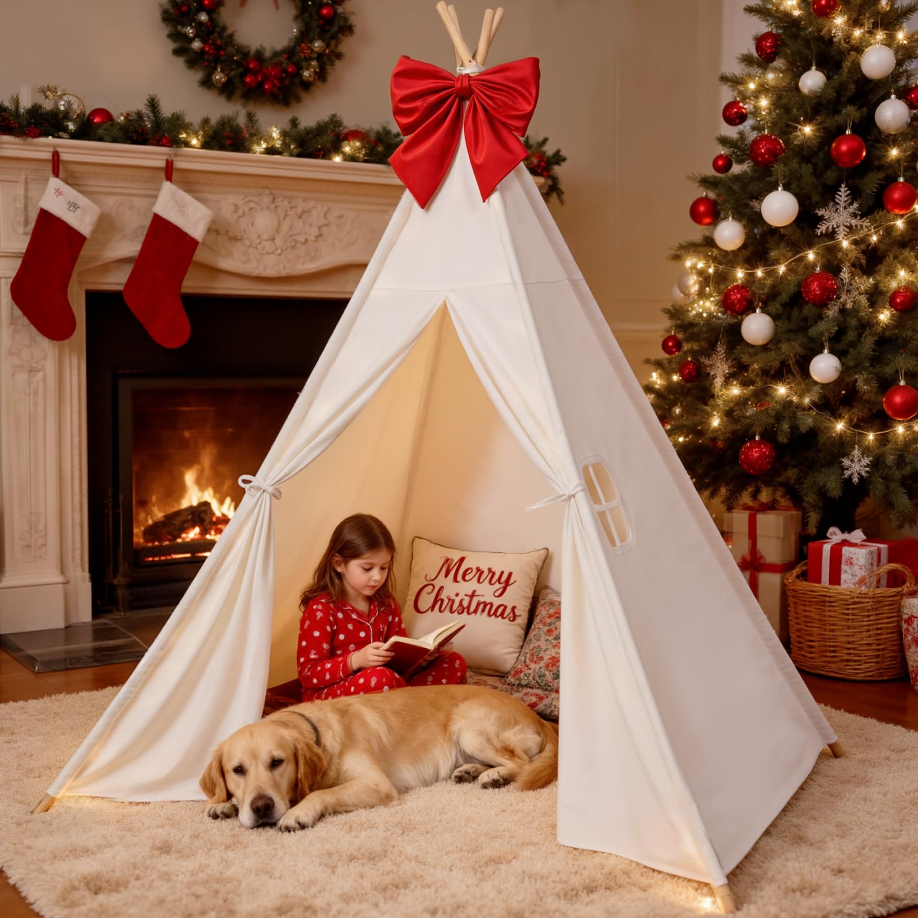 Photo 1 of Sumbababy Large Teepee Tent for Kids Indoor - Cotton Canvas Slumber Play Tents for Adults - Foldable Sleepover Tents for Girls Boys Party Gift Toy, White