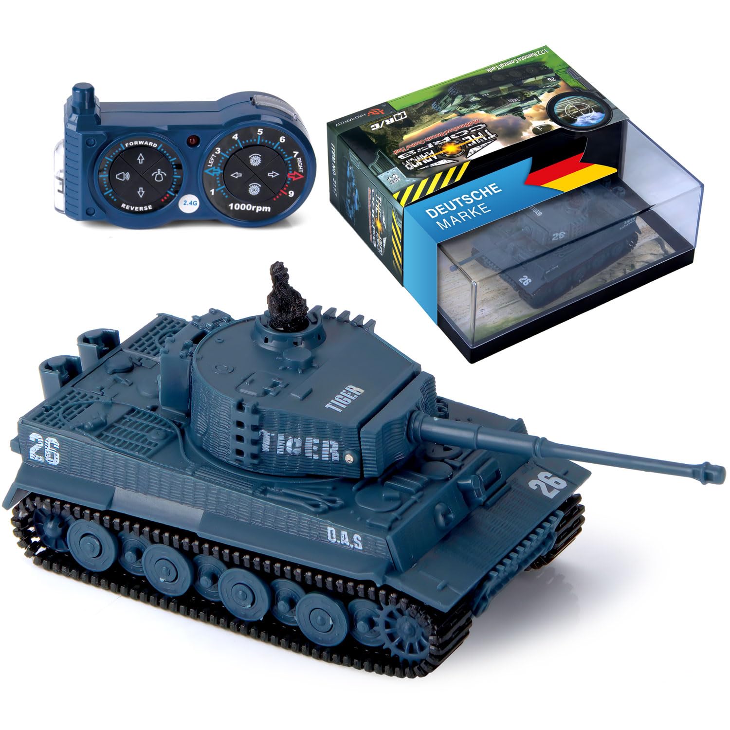 Remote Controlled Mini RC Tank GERMAN TIGER I - Modellbau R/C Battletank with Shot Function, Sound & Light - 1:72 Scale