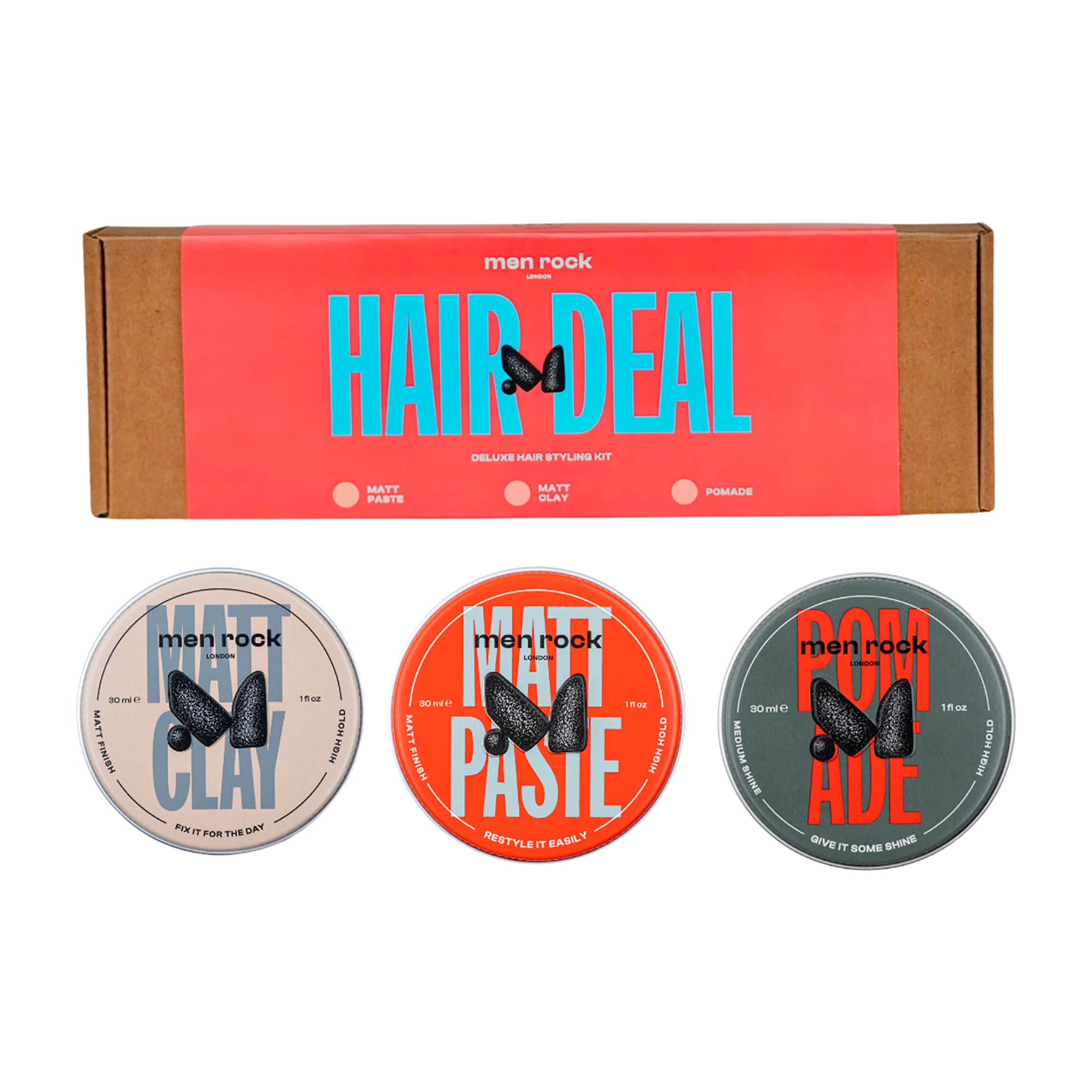 Men Rock Hair Styling Gift Set For Men, Contains Matt Paste, Matt Clay & Pomade, Perfect For Different Hair Styles With Strong Lasting Fixation 3 Items (30ml)