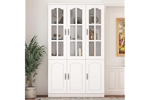 AIEGLE Kitchen Pantry Storage Cabinet with 3 Glass Doors, Floor Kitchen Pantry Cupboard with 5 Tiers Shelf, Utility Pantry Cabinet for Dining Room, Living Room, White (47.2”W x 15.7”D x 78.7”H)