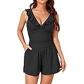 Smismivo Swim Romper with Built in Bra and Pockets Ruffle One Piece Swimsuit Women Tummy Control Bathing Suits