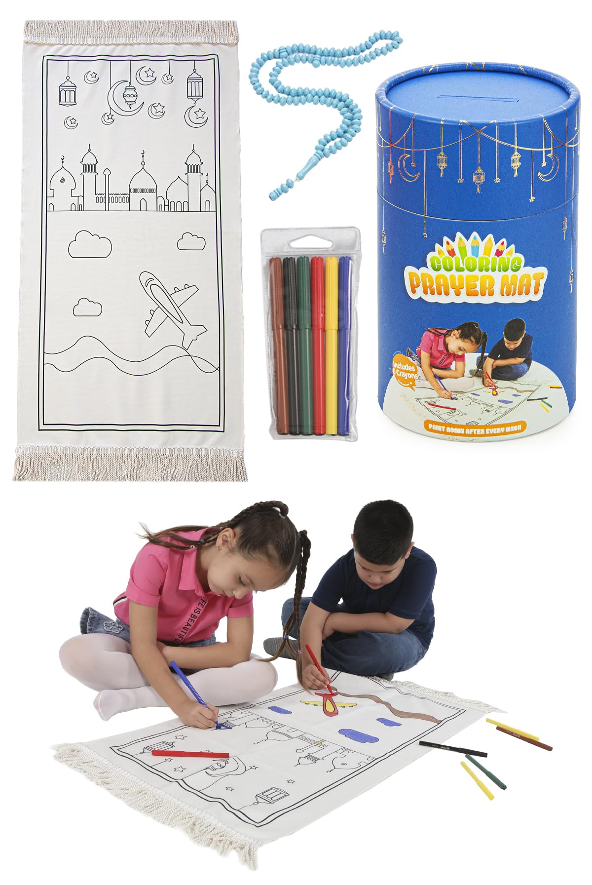 Photo 1 of ihvan online, Kids Prayer Mat, Washable Painted Prayer Rug for Kids, Colourful Marker, Muslim Prayer Mala Beads, Soft Salah Travel Mat Carpet, Perfect Islamic Gifts for Kids, Blue