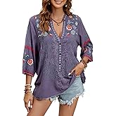 Mexican Shirts Peasant Blouses Cotton Embroidered 3/4 Sleeve Summer V Neck Tunic Bohemian Tops Boho Clothes for Women