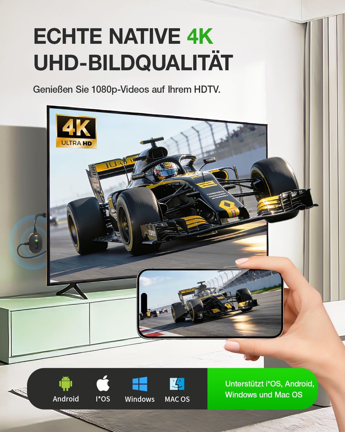 AIMIBO 4K Wireless Display Adapter 5G für Smartphone, Tablet, Laptop, HDTV, Monitor und Projektor – 3 Spiegelungsmodi, Kabelloser HDMI Dongle für i*OS Android Windows macOS auf TV Monitor Projektor 3