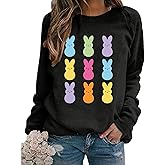 Muhuyi Easter Bunny Sweatshirt Women Long Sleeve Cute Rabbit Bunny Peeps Graphic Tees Happy Easter Pullover Tops