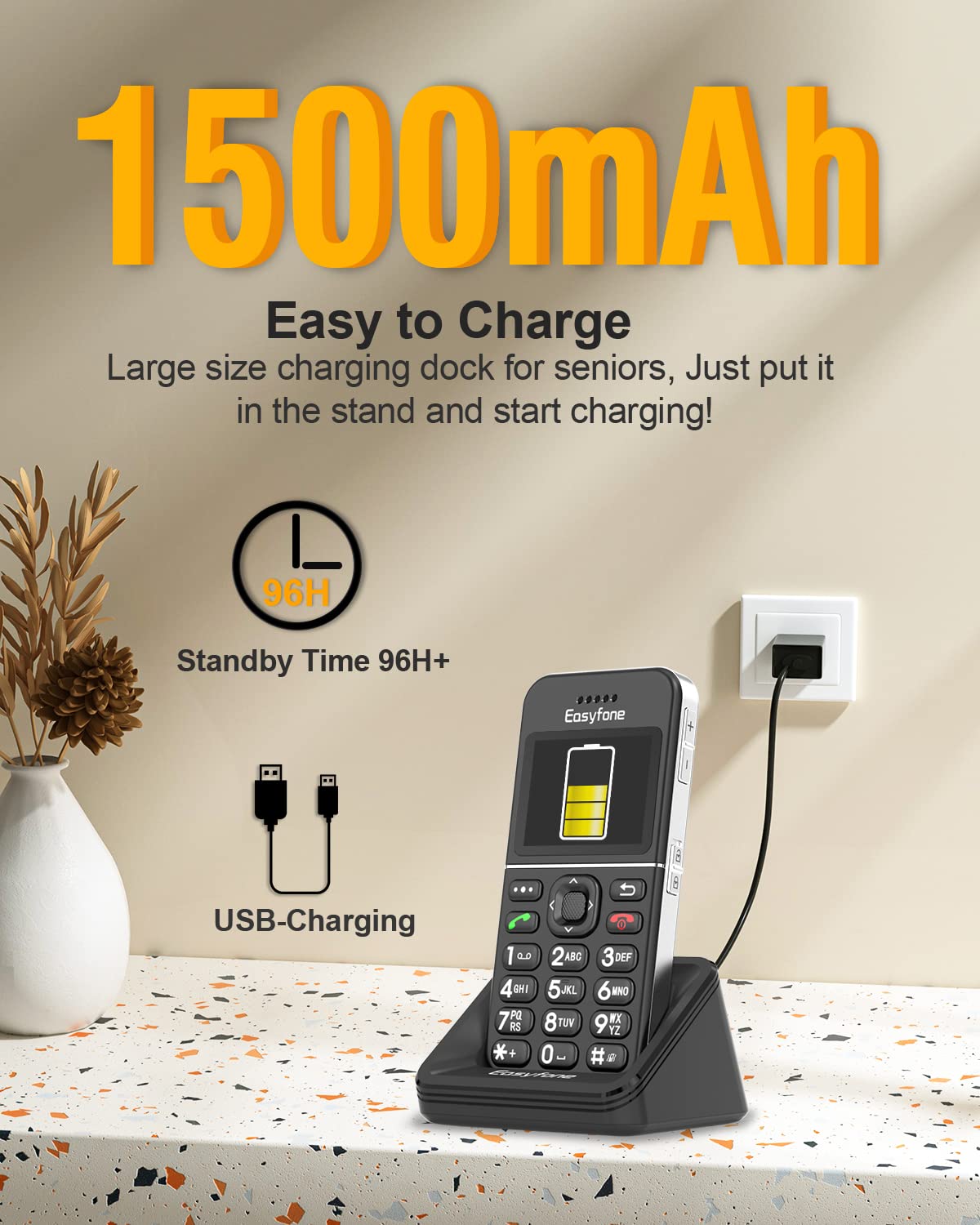 Easyfone T100 4G Big Button Easy-to-Use Cell Phone, 2.0'' HD Display, Clear Sound, SOS Button, SIM Card Included, 1500mAh Battery with a Charging Dock, FCC Certified