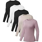 Kinglaman 5 Pack Womens Basic Long Sleeve Shirts Crew Neck Slim-Fit Fitted T Shirts Tops Undershirts Underscrub Baselayer