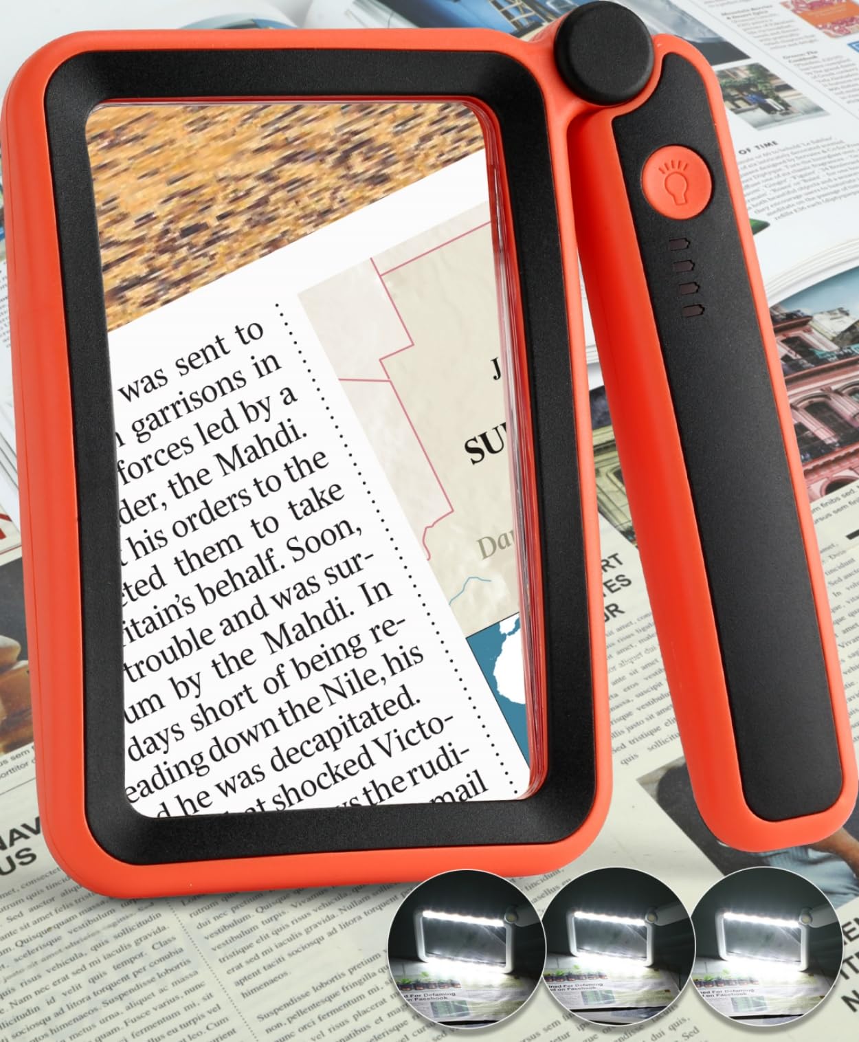Photo 1 of Magnifying Glass for Reading, Rechargeable 5X Large Page Magnifier with Light, Folding Handheld Dimmable Rectangle Lighted Magnifier for Reading Book Small Print for Seniors Low Vision, Orange-Black