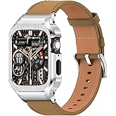 SUPLINK Leather Band with Stainless Steel Case for Apple Watch Ultra 3/2/1 & SE 3/2/1 & Series 11 10 9 8 7 6 5 4 3 2 1 49mm 46mm 45mm 44mm 42mm 41mm 40mm 38mm,Rugged Bumper for Men