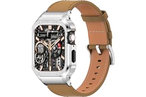 SUPLINK Leather Band with Stainless Steel Case for Apple Watch Ultra 3/2/1 & SE 3/2/1 & Series 11 10 9 8 7 6 5 4 3 2 1 49mm 46mm 45mm 44mm 42mm 41mm 40mm 38mm,Rugged Bumper for Men