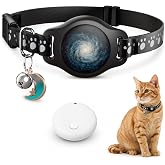 Cat Tracker Collar with Finder Tag - Waterproof Airtag Cat Collar, Black | Breakaway Tractive with Reflective Pattern &amp; Bell, 8-12", Compatible with Apple Find My (iOS ONLY Not for Android Devices)