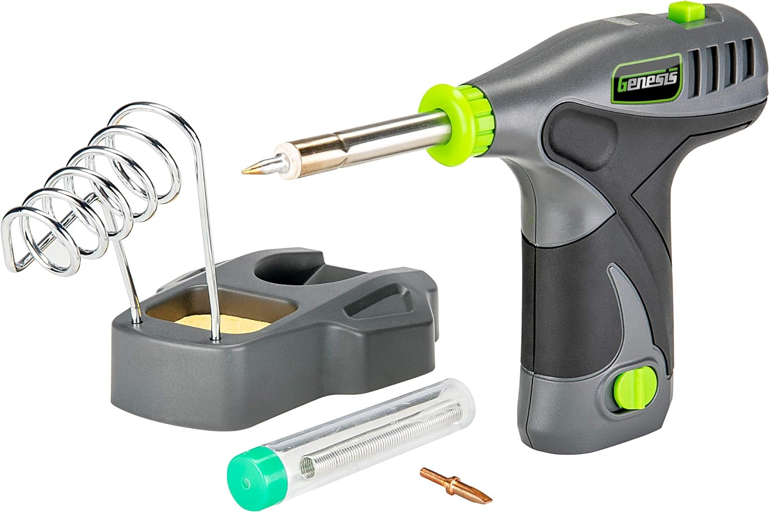 Genesis GLSI08B 8V Lithium-Ion Cordless Rapid Heat-Up Soldering Iron with Iron Holder, Solder Wire, Fine Tip, Chisel Tip, Removable Battery, and Charger