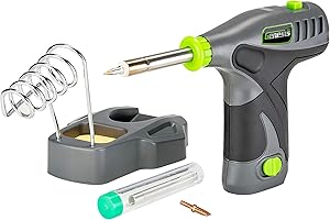Genesis GLSI08B 8V Lithium-Ion Cordless Rapid Heat-Up Soldering Iron with Iron Holder, Solder Wire, Fine Tip, Chisel Tip, Removable Battery, and Charger