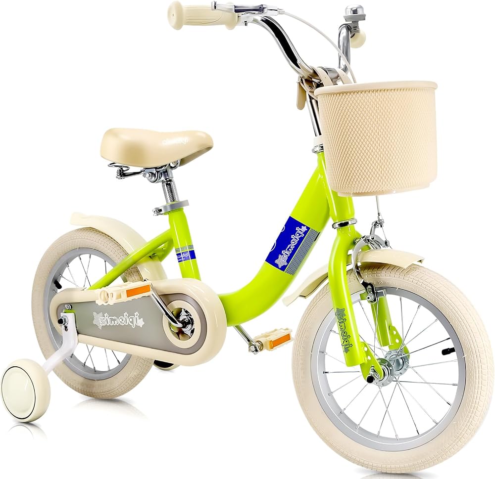 SIMEIQI Kids Bike 14 Inch Girls with Stabilisers Kickstand Handbrake Basket Bell