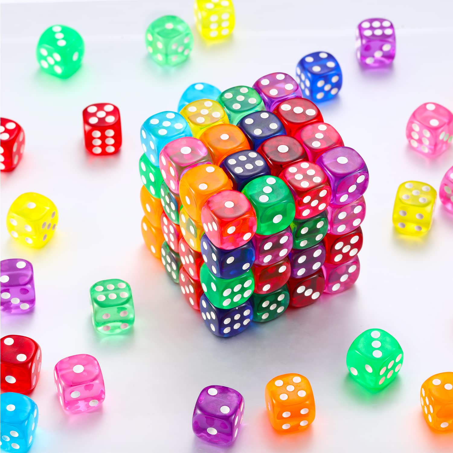 Blulu 100 PCS 6 Sided Games Dice Set, Colored Dice with Black Velvet Pouches for Playing Games, Like Board Games, Dice Games, Math Games, Party Favors and More(Rainbow Color, 14 mm)