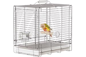 YOOSO WING Bird Carrier Travel Cage - 304 Stainless Steel Portable Folding Bird Travel Cage with Parrot Feeder Cups & Standing Perch for Smaller Birds Conures Lovebird Cockatiel Parakeets (White)