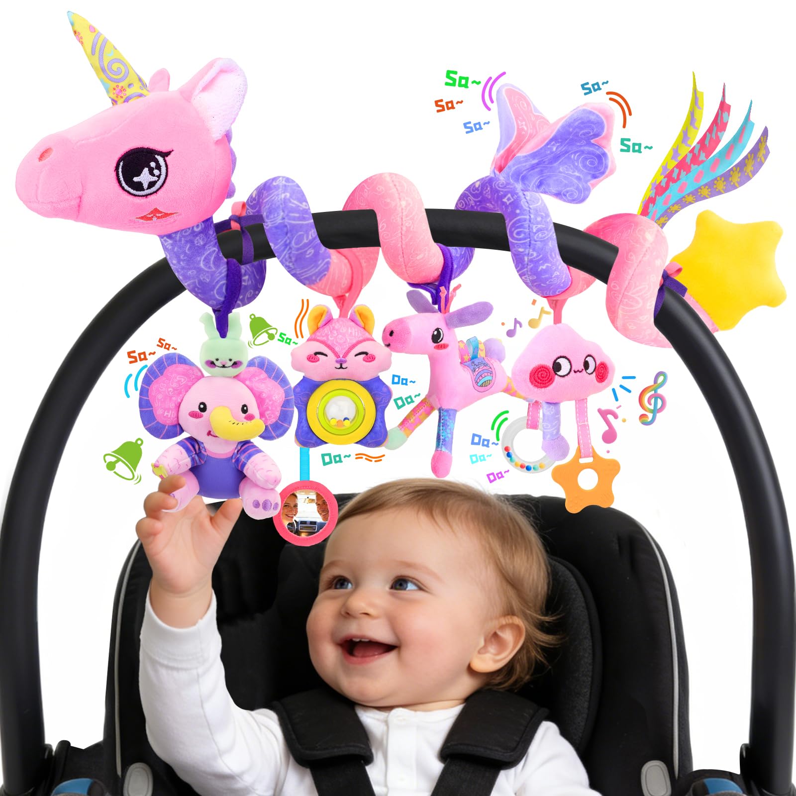 Zendstanding Musical Car Seat Toy for Babies 0-12 Months Girl, 5-in-1 Sensory Activity Hanging Toy Stroller Toy with Soothing Music, Rattle, Mirror for Newborn Infants Essential Gifts, Unicorn