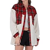 utcoco Women's Flannel Button Down Fleece Jacket Fall Fuzzy Plaid Blouse Jacket Winter Lightweight Coats