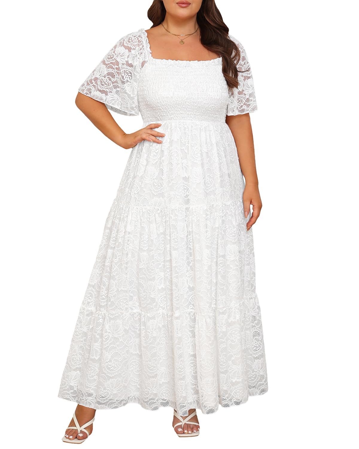 Photo 1 of 20W-Plus Size White Dress Lace Wedding Bride Bridal Shower Maternity Long Smocked Flowy Boho Maxi Dresses Curvy Women Simple