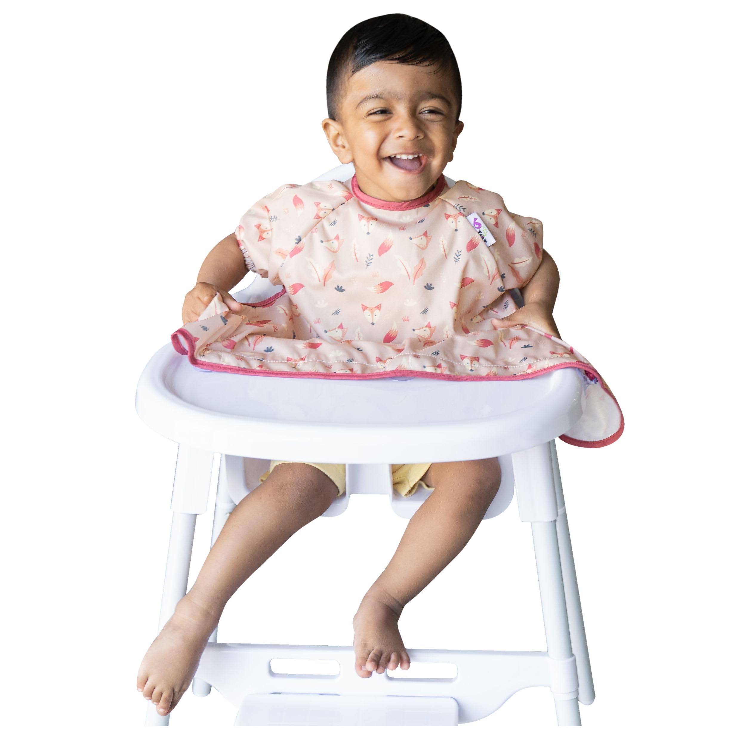 Tidy Tot®™ Cover & Catch™ Weaning Bib with Short Sleeves. Attaches to Highchairs with Suction for Mess Proof Baby Feeding. Waterproof Short Sleeved Bibs. Coverall BLW Bibs. Travel Bag Included.