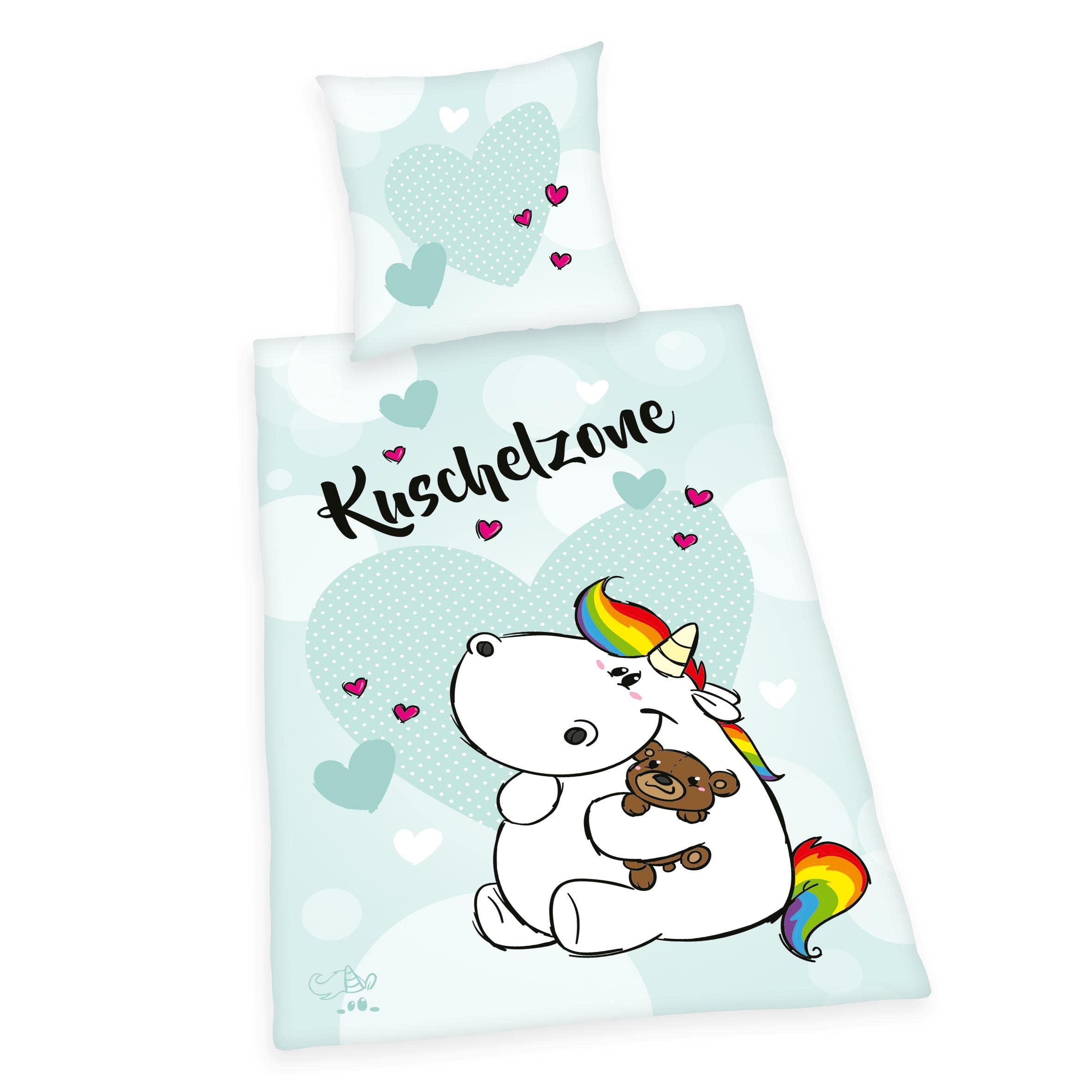 Herding Chubby Unicorn Bedding Set "Kuschelzone", Pillowcase 80 x 80 cm, Duvet Cover 135 x 200 cm, with smooth-running zip, 100% Cotton/Renforcé, White/Blue