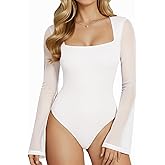 MANGOPOP Women's Square Neck Bell Sleeve Bodysuit Mesh Double Lined Body Suits Trend Going Out Tops Fall Outfits 2025