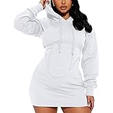 BEAGIMEG Women's Long Sleeves High Neckline Hooded Solid Stretch Casual Mini Sweatshirt Dress