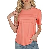 Short Sleeve Shirts for Women, Trendy Spring Summer Tops, Dressy Casual Blouses, Flowy Pleated Scoop Neck Work Outfits
