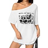 SOFIA'S CHOICE Women Off The Shoulder Top Graphic Tee Casual Loose Fit Short Sleeve T Shirts