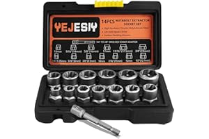 Yejesiy 14PCS Premium Bolt Extractor Kit, Stripped Bolt Extractor Socket Set with 3/8 Inch Adapter, Easy Out Lug Nut Remover for Rusted, Rounded, Damaged Nuts Screws