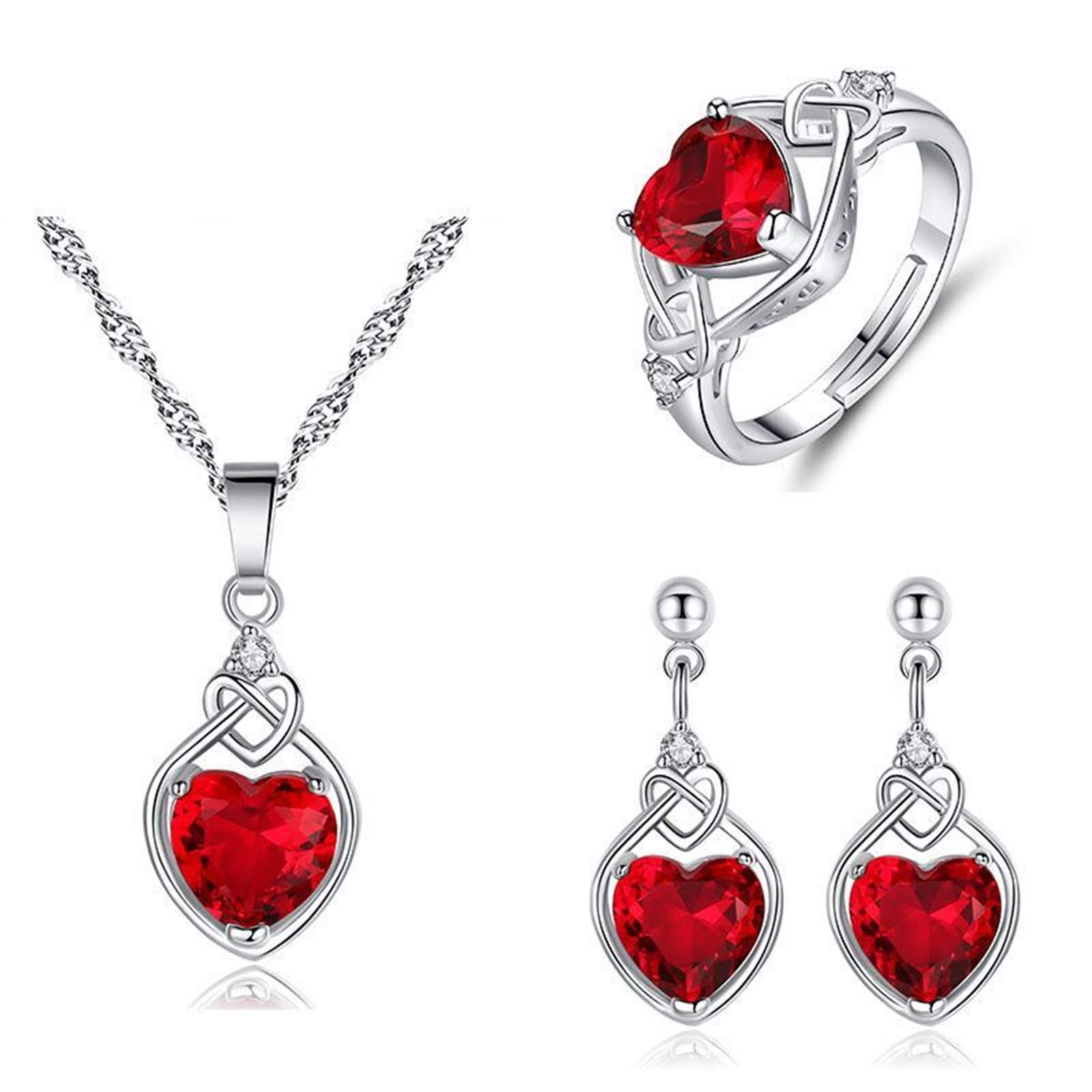HMOOY Love Heart Ruby Necklaces Earrings and Rings Jewellery Set, Earring Heart Shaped Pendant with Cubic Zirconia Ruby Set Jewellery for Women, Crystal, Cubic Zirconia