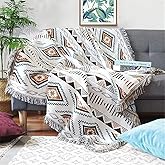 Lqprom Boho Throw Blankets Knit Bed Blankets with Tassel Aztec Western Throws Cover Christmas Decor for All Season Sofa Couch Chair Outdoor Camping Picnic Tent Beach Car Traveling 51"x63"
